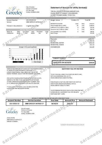 USA Colorado City of Greeley water utility bill template in Word and PDF format